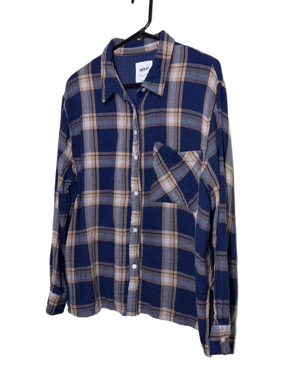 aerie Navy Blue Plaid Button-Down Shirt with Tan Accents - Picture 7 of 8